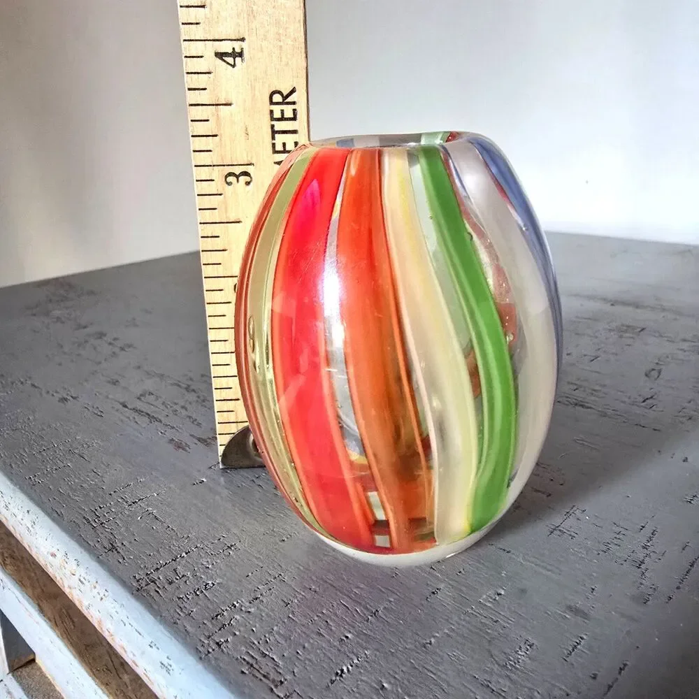 Vintage Hand Blown Art Glass Bud Vase Rainbow Swirl Murano Style Mini 3